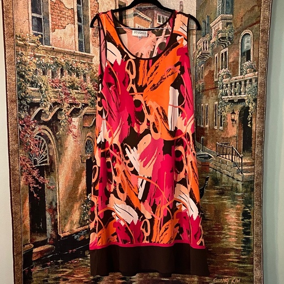 Studio I Vibrant Brown and Pink Dress with Removable Cardigan. - Picture 5 of 6